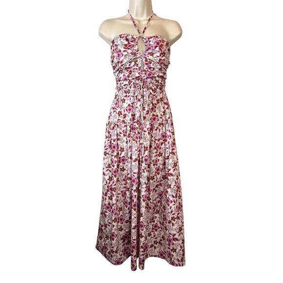 Jason WU Halter Strapless Floral Smocked Midi Dress in Pink Brown Women's Small - Picture 1 of 15